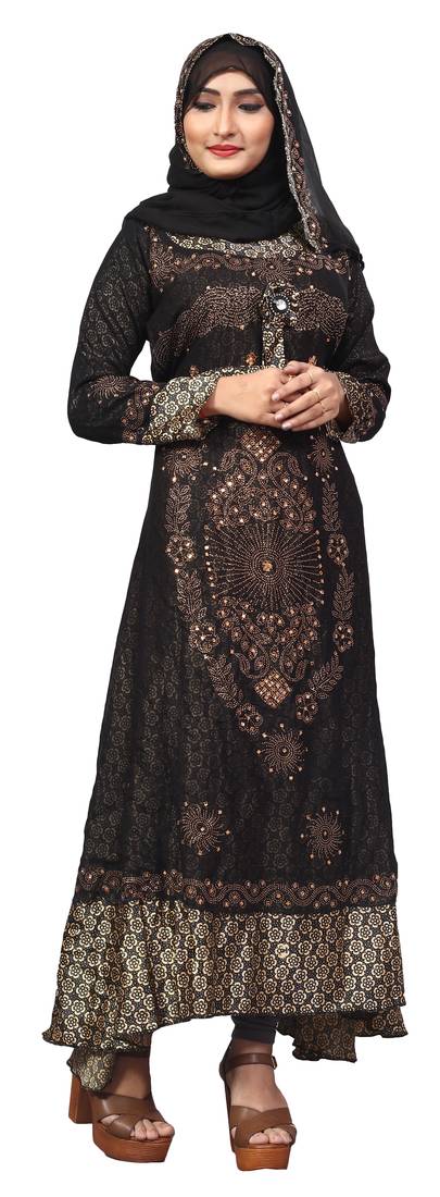 Black Color Printed Satin With Chiffon Abaya Burkha With Waist Belt Style And Hijab Scarf For Women
