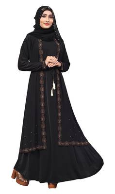 Black Color Lycra Abaya Burkha With Attached Jacket And String Waist Belt Style For Women 1