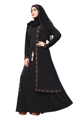 Black Color Lycra Abaya Burkha With Attached Jacket And String Waist Belt Style For Women 2