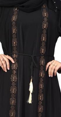 Black Color Lycra Abaya Burkha With Attached Jacket And String Waist Belt Style For Women 3