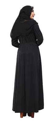 Black Color Lycra Abaya Burkha With Attached Jacket And String Waist Belt Style For Women 4
