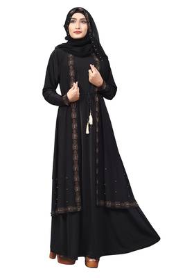 Black Color Lycra Abaya Burkha With Attached Jacket And String Waist Belt Style For Women 5