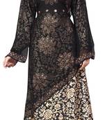 Black Color Printed Satin With Lycra + Chiffon Abaya Burkha With Waist Belt Style And Hijab Scarf For Women