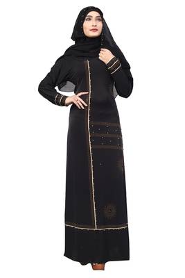 Black Color Lycra Stretchable Beads Work Abaya Burkha With Hijab Scarf For Women 1