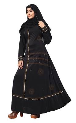 Black Color Lycra Stretchable Beads Work Abaya Burkha With Hijab Scarf For Women 2