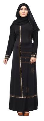 Black Color Lycra Stretchable Beads Work Abaya Burkha With Hijab Scarf For Women 4