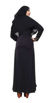 Black Color Lycra Stretchable Beads Work Abaya Burkha With Hijab Scarf For Women 5
