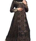 Black Color Printed Satin With Chiffon Abaya Burkha With Waist Belt Style And Hijab Scarf For Women