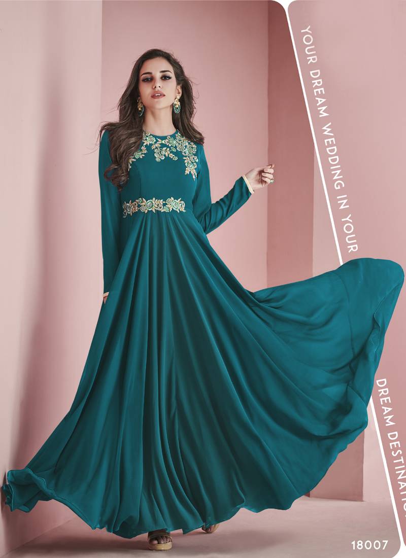 Dark Aqua Blue Georgette Designer Long Party Wear Kurti - Vegaa Fashion -  2771724