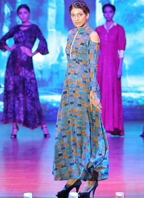 Turquoise Rayon Designer Long Party Wear Kurti 1