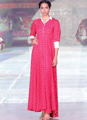 Red Rayon Designer Long Party Wear Kurti 1