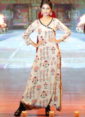 Off White Rayon Designer Long Party Wear Kurti 1