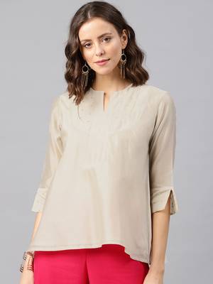 beige Women's zahreen - chanderi Tunic with buti yoke 2