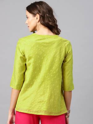 Lime Green Women's Ulfat - Chanderi Buti A-Line Tunic 3