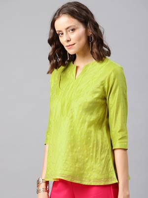 Lime Green Women's Ulfat - Chanderi Buti A-Line Tunic 4