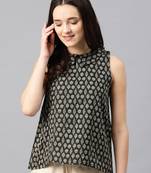 Black Jacquard Collared Sleevees Top