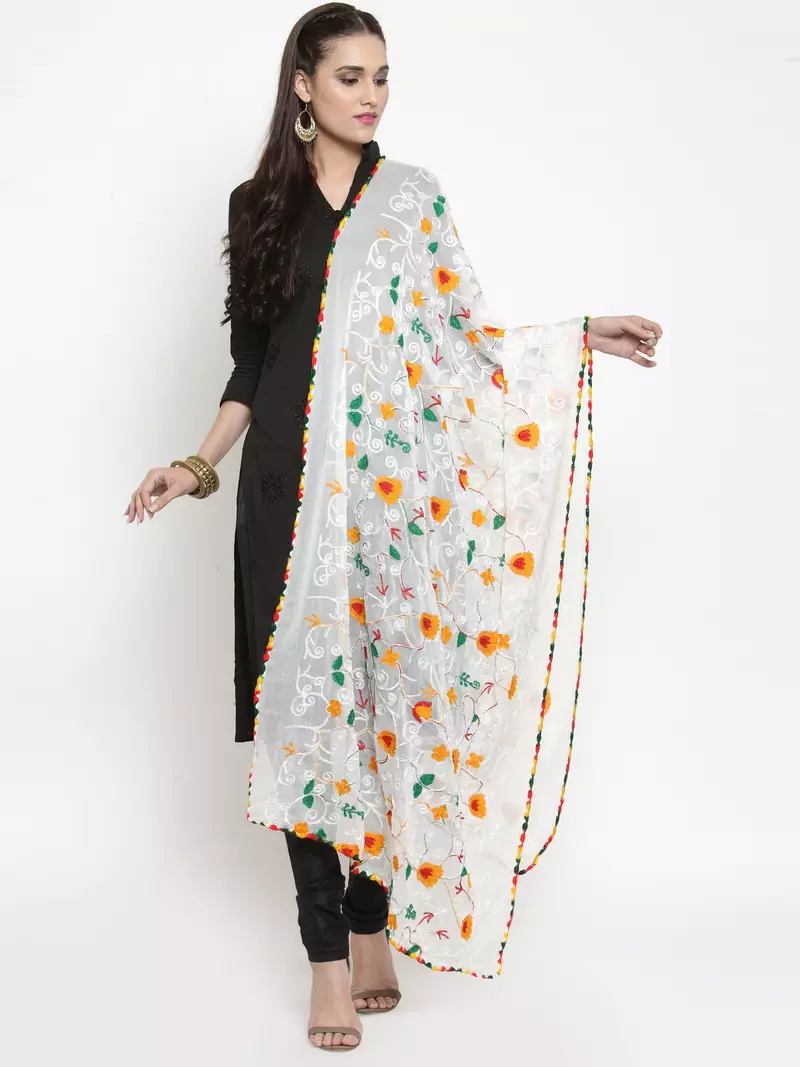 White Nazneen Phulkari Work Dupatta