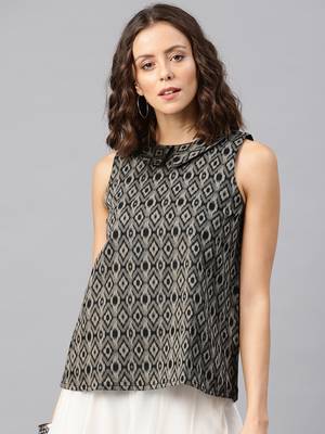 Beige Ikat Jacquard Collared Sleevees Top 1