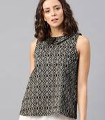 Beige Ikat Jacquard Collared Sleevees Top