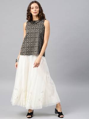 Beige Ikat Jacquard Collared Sleevees Top 2