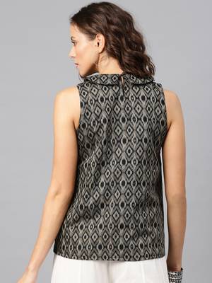 Beige Ikat Jacquard Collared Sleevees Top 3