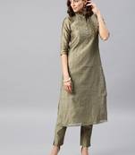 Mud Grey Women's Chinese collar kurta in Chanderi Silk fabric