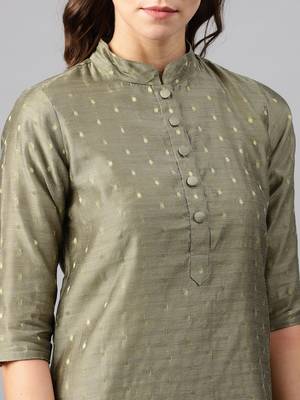 Mud Grey Women's Chinese collar kurta in Chanderi Silk fabric 5