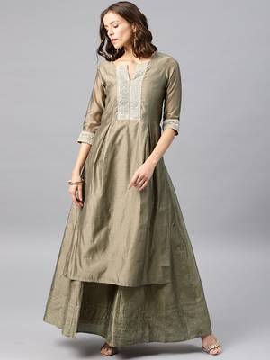 Mud Grey Women's Noor - Chanderi box pleated Kurta 1