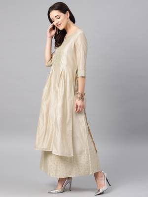 Beige Women's Noor - Chanderi box pleated Kurta 4