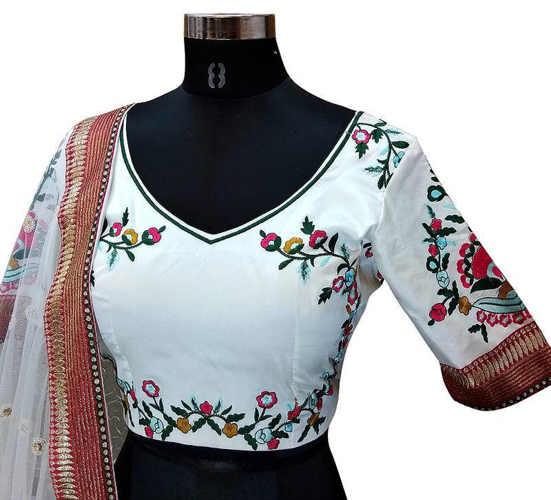 White worked taffeta silk lahenga choli with blouse