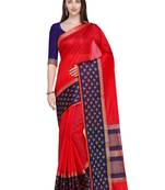 Red Saree With Navy Blue Blouse Tussar Silk Jacquard Border Women'S Casual Saree