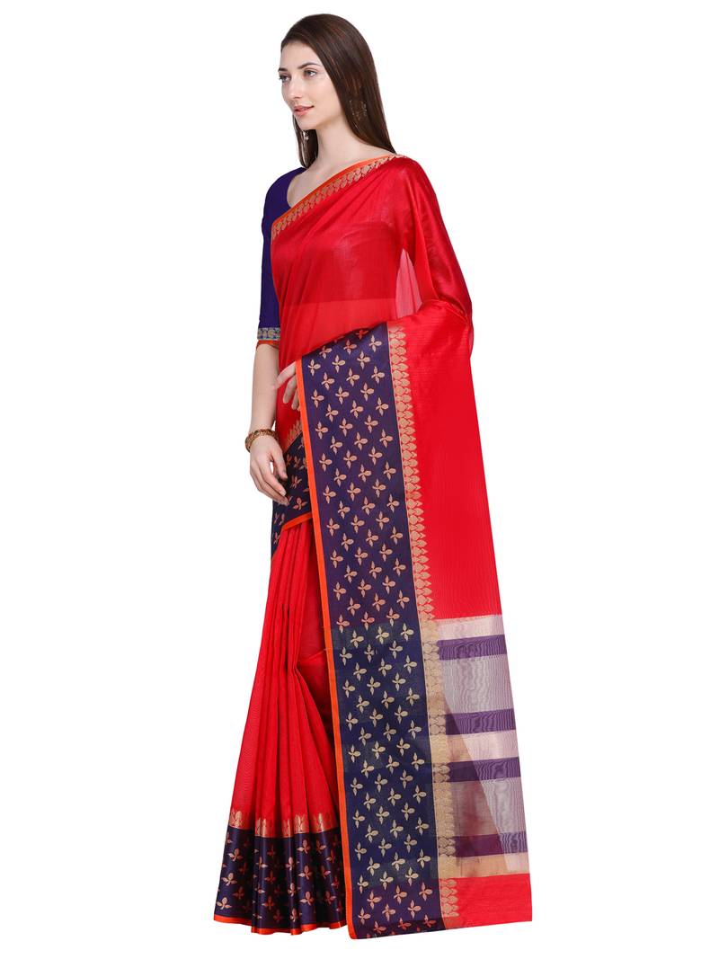 Red Saree With Navy Blue Blouse Tussar Silk Jacquard Border Women'S Casual Saree