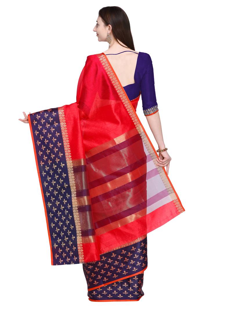 Red Saree With Navy Blue Blouse Tussar Silk Jacquard Border Women'S Casual Saree