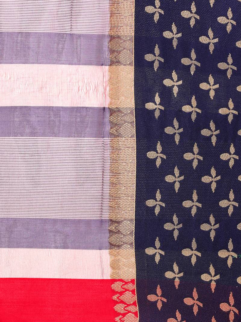 Red Saree With Navy Blue Blouse Tussar Silk Jacquard Border Women'S Casual Saree