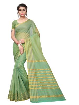 Green Color Poly Silk Zari Patta Print Women's Casual Saree 1