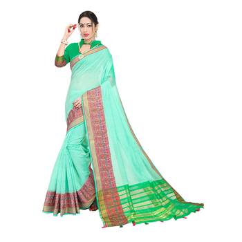 Turquoise woven cotton silk saree with blouse 1
