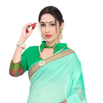 Turquoise woven cotton silk saree with blouse 2