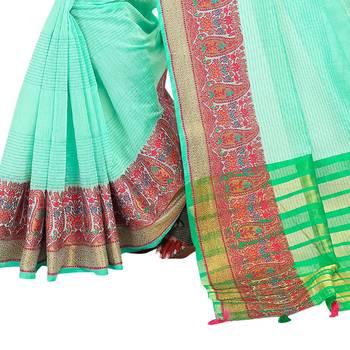 Turquoise woven cotton silk saree with blouse 3