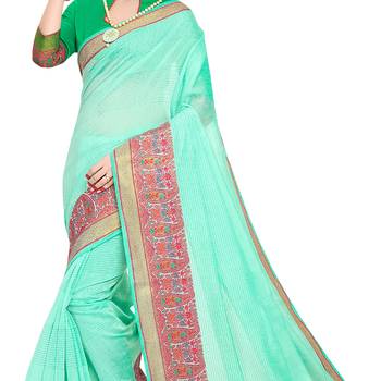 Turquoise woven cotton silk saree with blouse 4