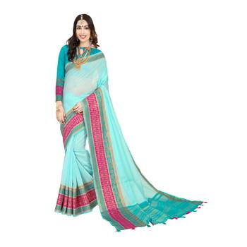 Sky blue woven cotton silk saree with blouse 1