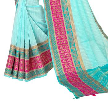 Sky blue woven cotton silk saree with blouse 3
