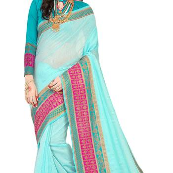 Sky blue woven cotton silk saree with blouse 4