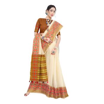 Off white woven cotton silk saree with blouse 1
