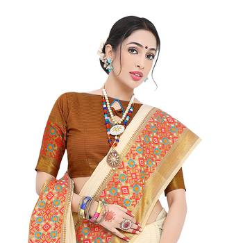 Off white woven cotton silk saree with blouse 2