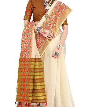 Off white woven cotton silk saree with blouse 4