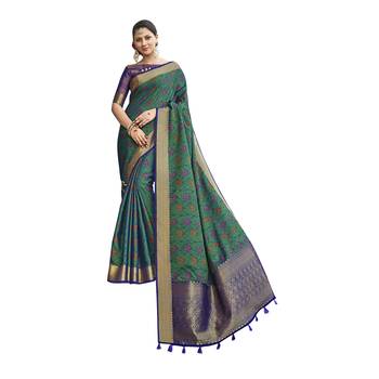 Teal woven banarasi saree with blouse 1