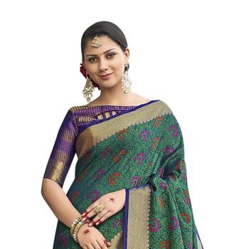 Teal woven banarasi saree with blouse 2