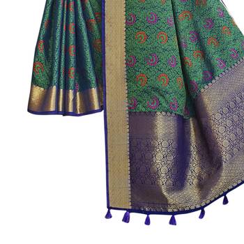 Teal woven banarasi saree with blouse 3