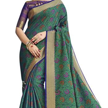 Teal woven banarasi saree with blouse 4