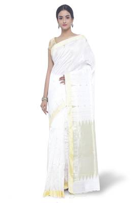 White Hand Woven Cotton Silk Saree With Blouse 2